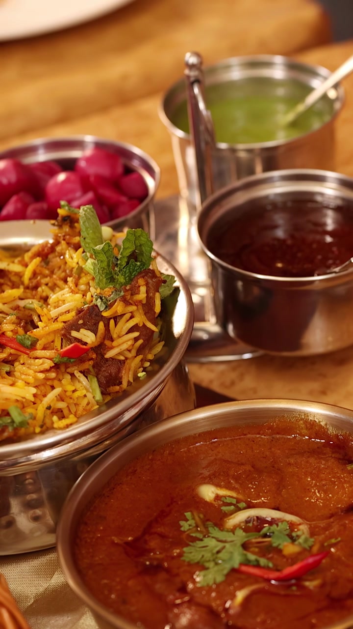 Nærbillede af forskellige indiske retter, herunder krydret karry og biryani, på et restaurantbord.