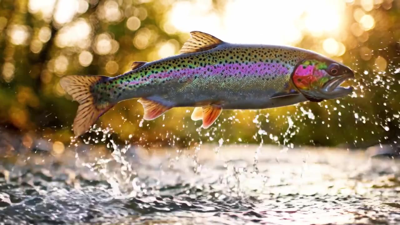 En levende regnbueørred springer op af vandet i et pragtfuldt syn af naturens skønhed, omgivet af et blødt fokus af solbeskinnede skove, der spejler sig i åen