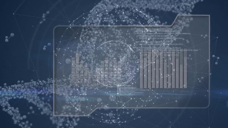 Animation of dna strand spinning over scientific data processing on blue background