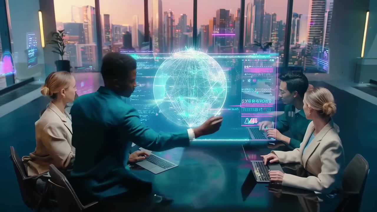 Diverse Business Team Collaborating with Futuristic Holographic Data in Modern Office