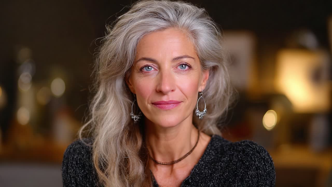 Un ritratto affascinante di un'elegante donna con capelli argentei e penetranti occhi azzurri, che emana equilibrio e sicurezza in un ambiente con illuminazione soffusa