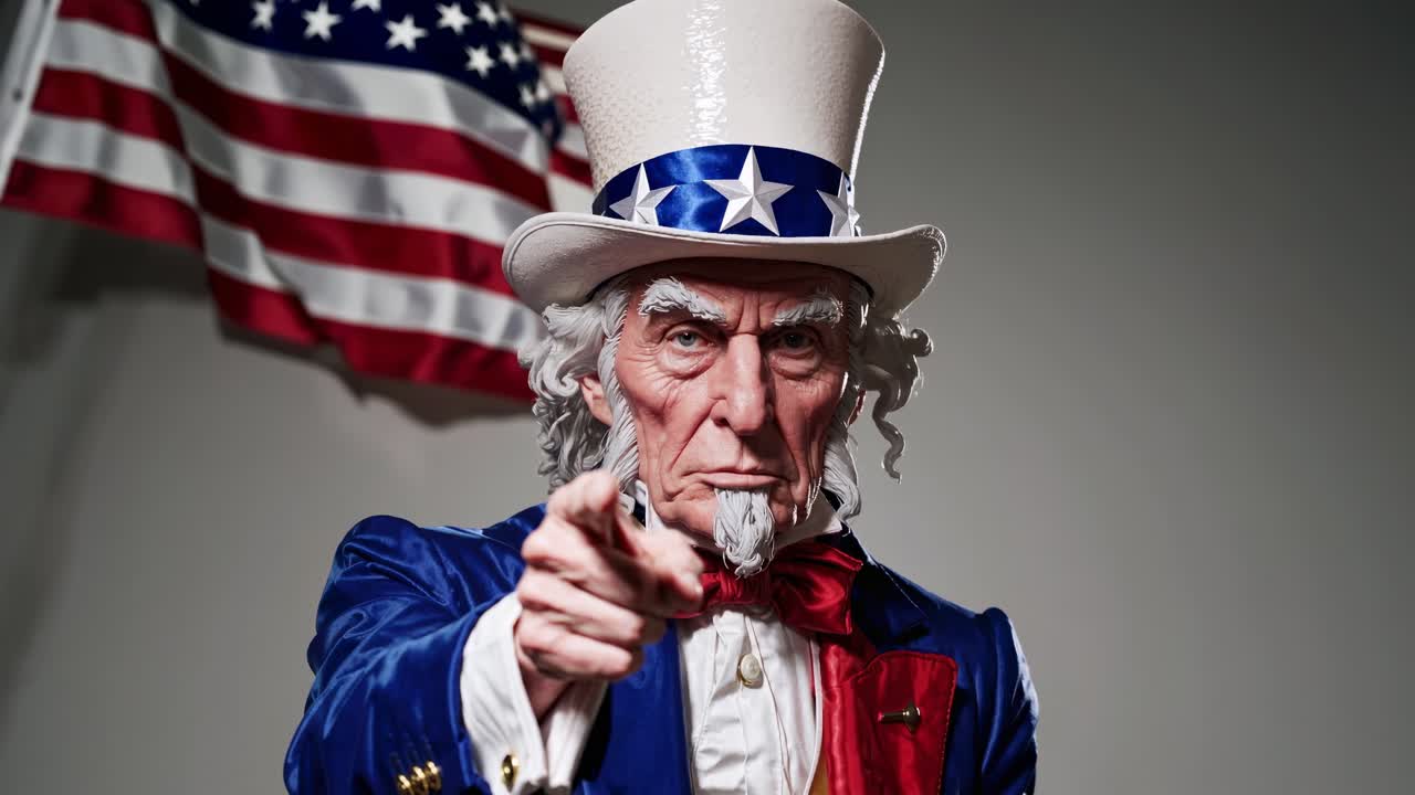 Patriotic video concept with a close-up, low-angle shot of a man in Uncle Sam attire pointing