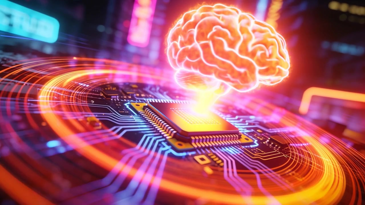 Pulsing microchip projecting holographic brain on printed circuit board, showing energy flow