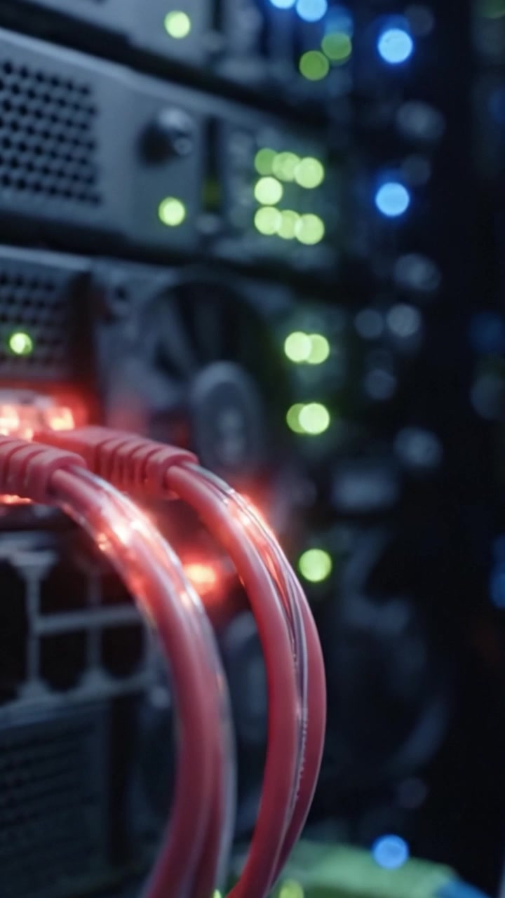Close-up Views of Server Rack with Vibrantly Colored Cables Highlighting Data Flow and Connectivity in a Modern Data Center Environment