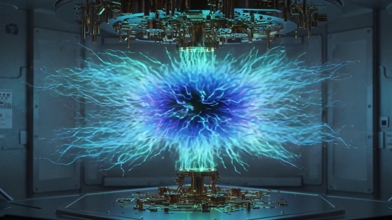 A Stunning Visual of Dynamic Energy Release from a Central Core with Electric Blue and Turquoise Plasma Discharge, Capturing the Essence of Advanced Technology and Innovation