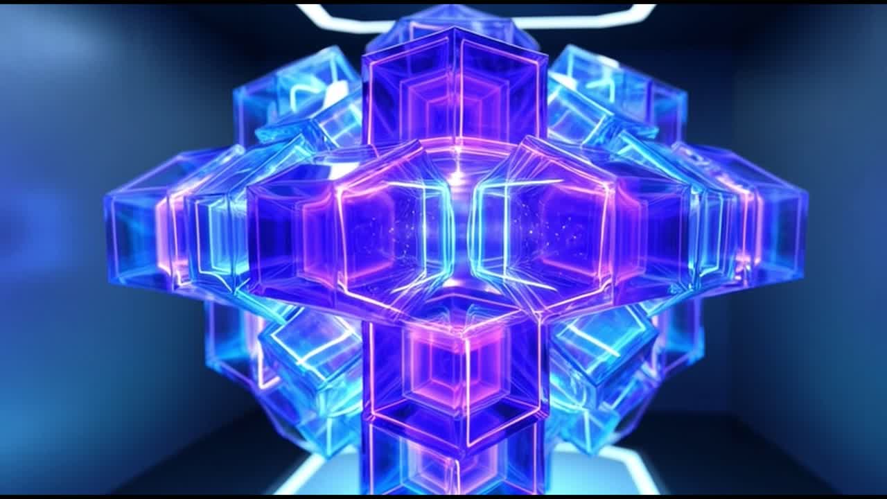 Rotating Abstract Geometric Cubes with Glowing Neon Lights