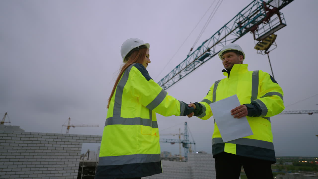 female building inspector and male civil engineer are shaking hands in construction site