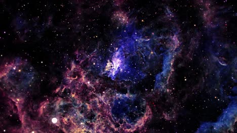 seamless loop space travel through grunge dark blue cloud nebula galaxy exploration through outer space towards glowing milky way galaxy. 4k looping animation of flying through glowing dark cloud