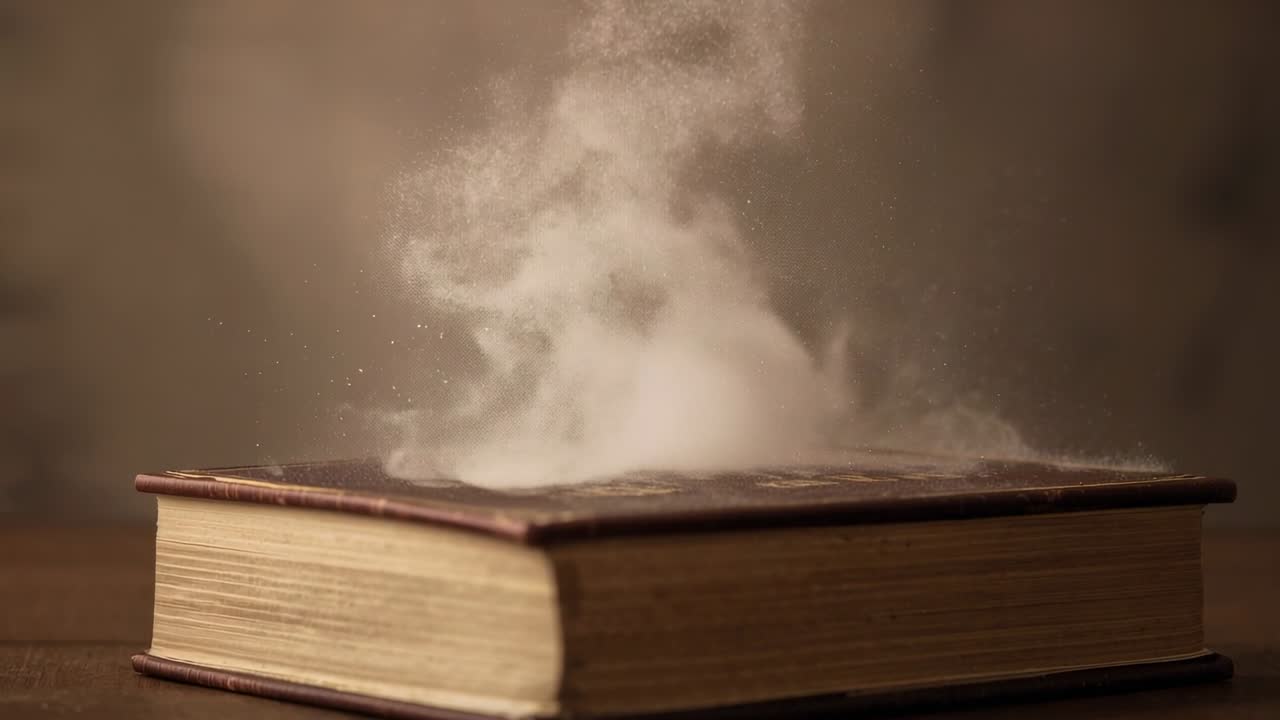 Libro antico con copertina rigida che rilascia polvere bianca formando una nuvola sopra la rilegatura, su un tavolo di legno, con una parete calda sullo sfondo.