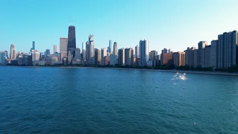 blue waterfront chicago city skyline drone