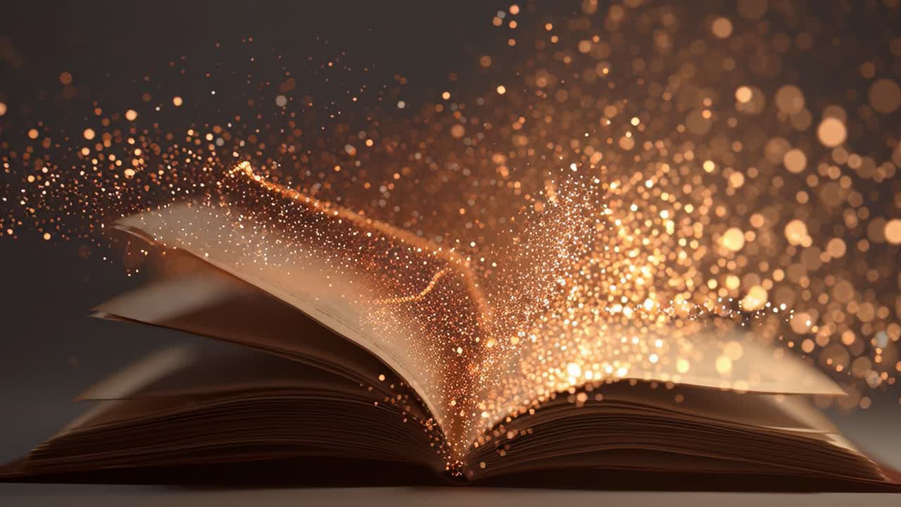 A mesmerizing explosion of shimmering golden particles emanates from an enchanting open book, symbolizing the magic and wonder found within the pages of literature and imagination