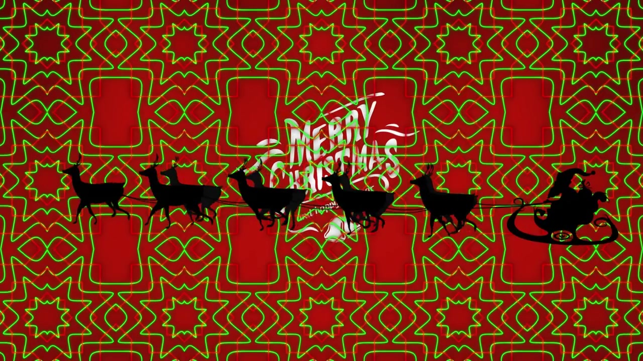 Animazione di motivi caleidoscopici su Babbo Natale sulla slitta e banner di testo "Buon Natale".