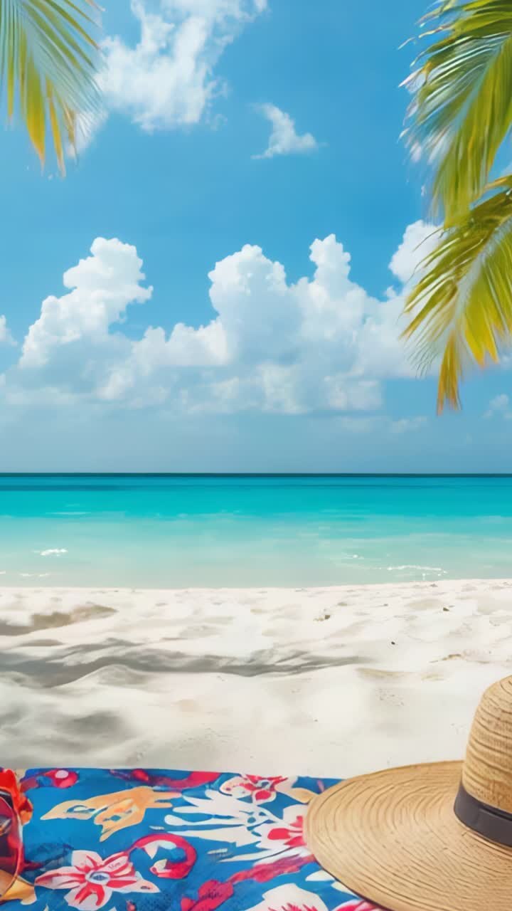 Vertical video: Starting showing palm fronds swaying above blanket and sun hat on shore, copy space