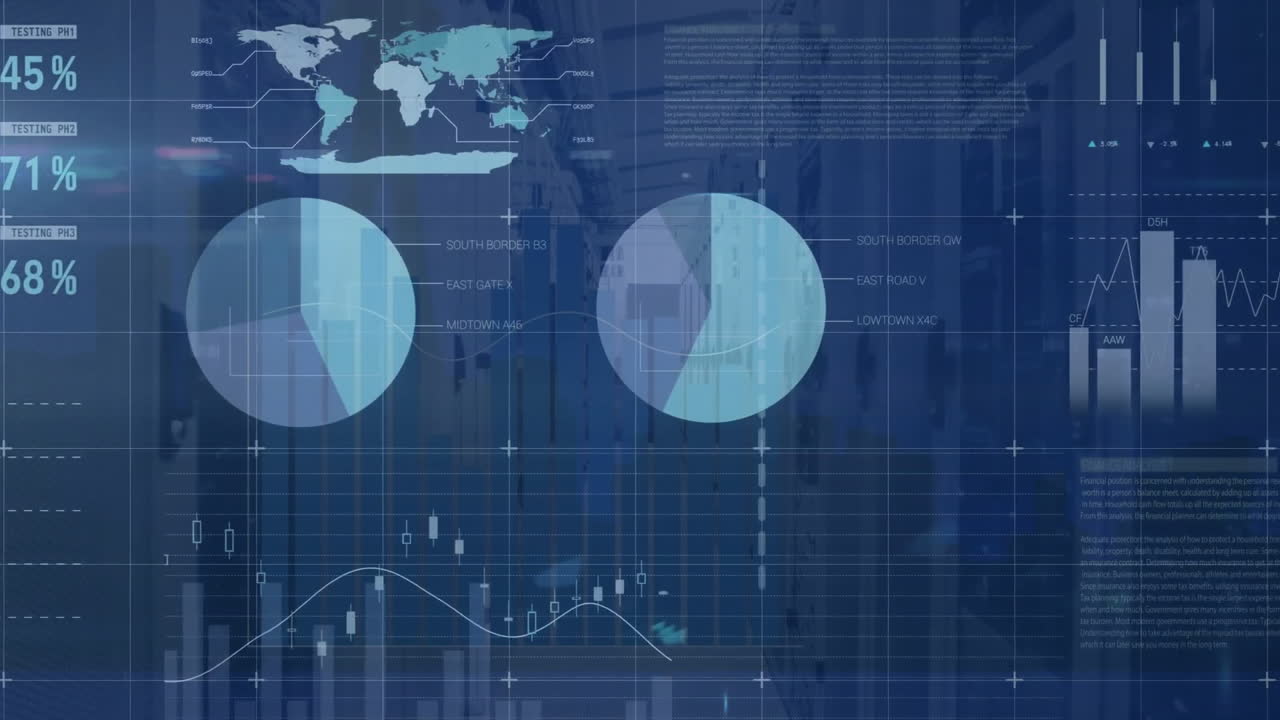 Animation of financial data processing over server room