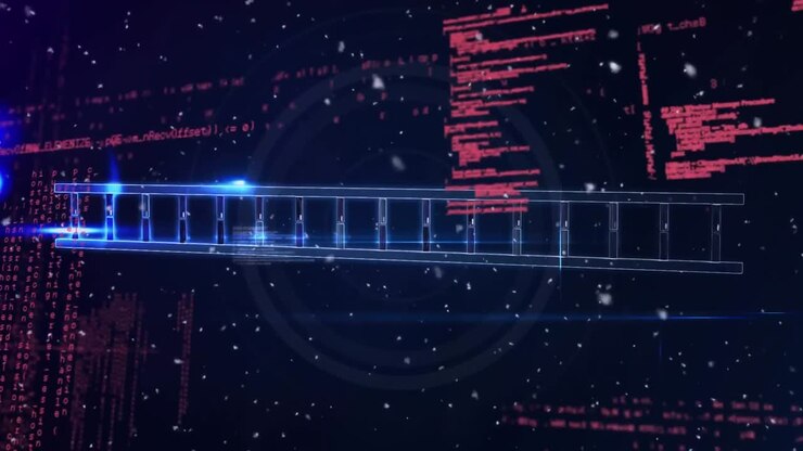 Animation of lens flare, programming language and illuminated dna helix against black background