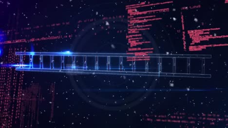 animation of lens flare, programming language and illuminated dna helix against black background