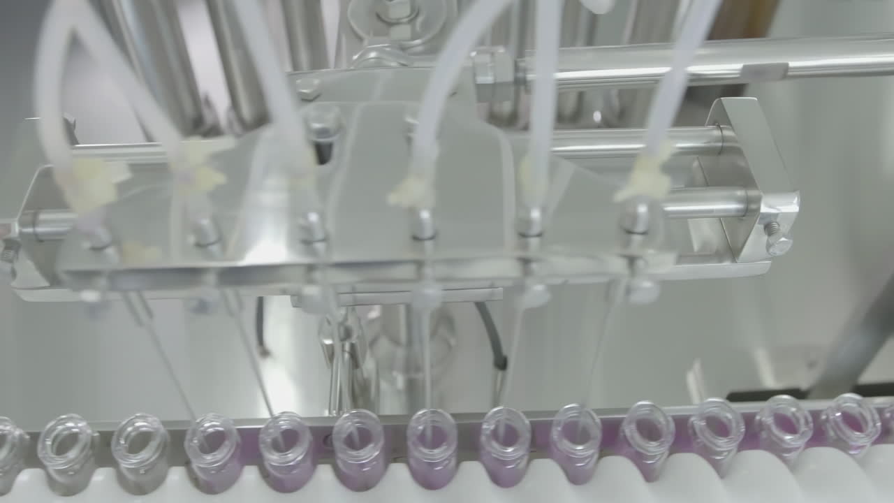 Glass vials filled with medical liquid on a Automated pharmaceutical production line in sterile environment