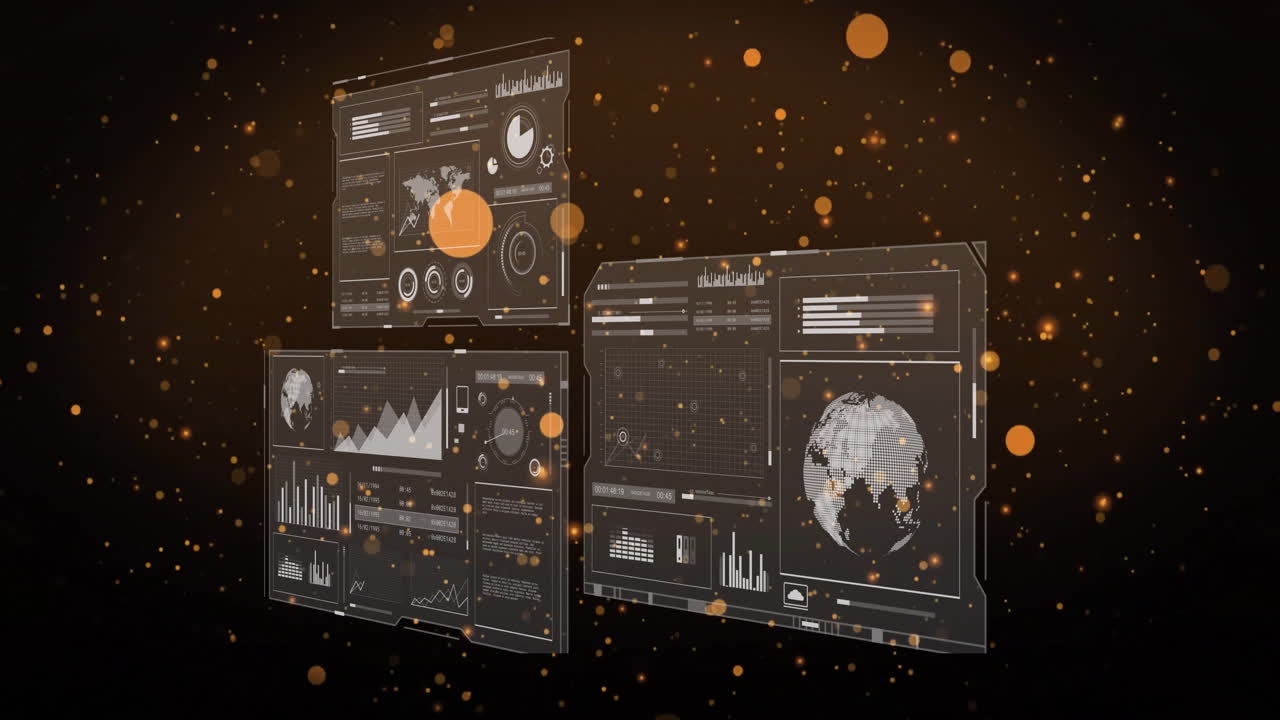 Animation of screens and digital data processing over glowing spots on dark background