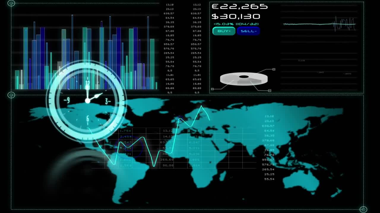 animación de un reloj que se mueve rápido y procesamiento de datos con un mapa del mundo en pantalla