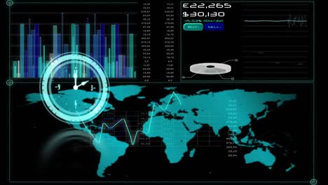 animación de un reloj que se mueve rápido y procesamiento de datos con un mapa del mundo en pantalla