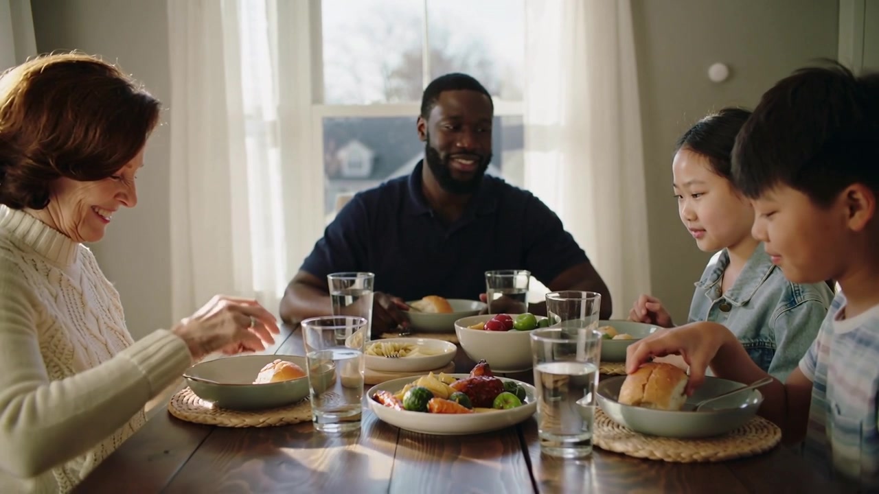 Reaching woman on left passing bowl across wood table, wearing cream sweater, family preparing meal