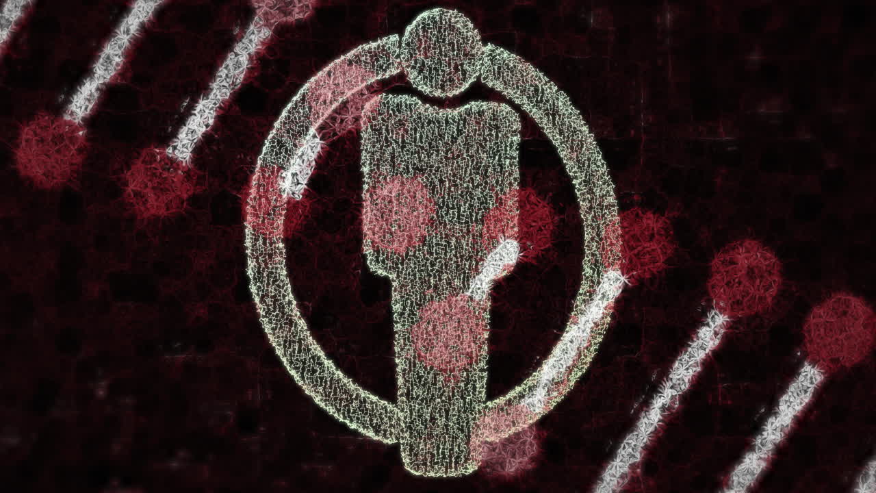 Person icon with circular border and red abstract shapes, digital animation