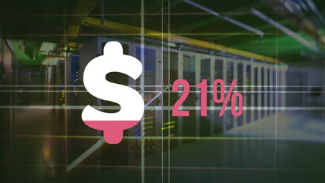 animación del signo de la moneda del dólar llenándose de rosa sobre los servidores de la computadora
