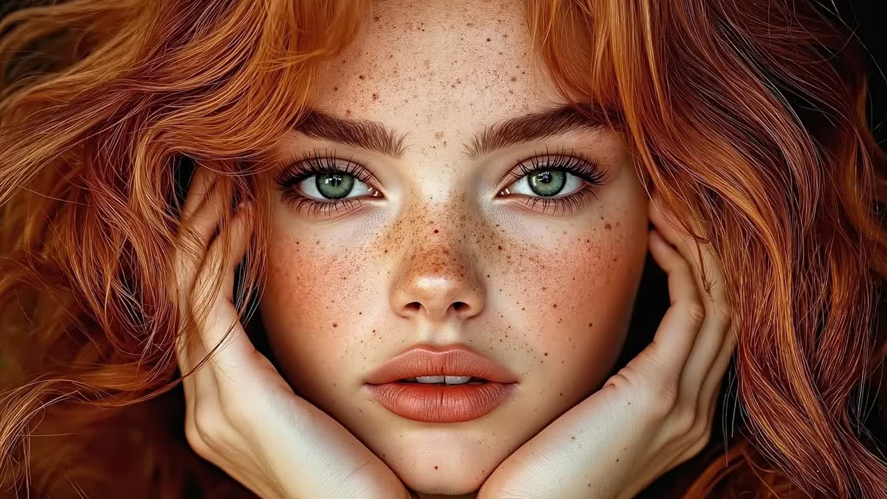 A woman with red hair and freckles on her face