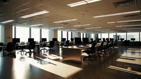 empty modern office space with desks and computers