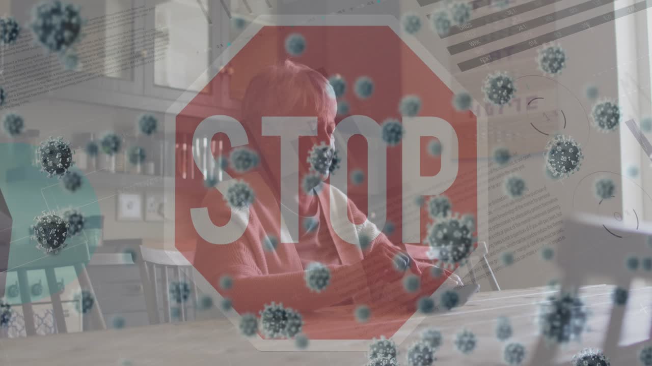 Animation of stop sign and virus cells over sad woman using smartphone at home