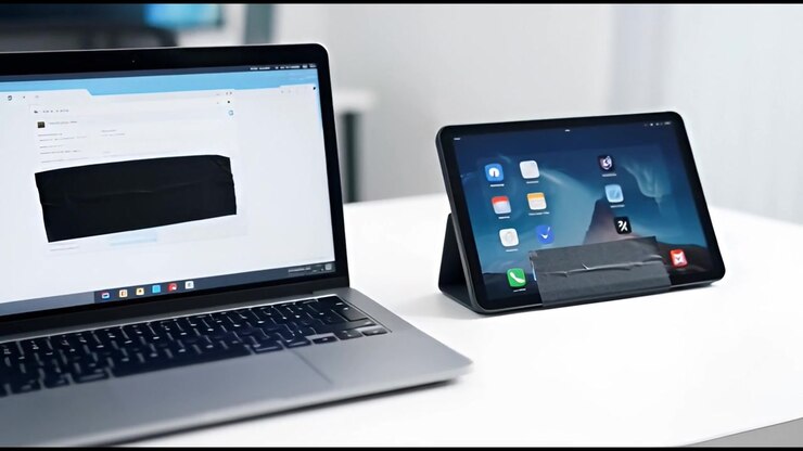 Modern Office Desk Setup with Laptop, Tablet, and Headphones