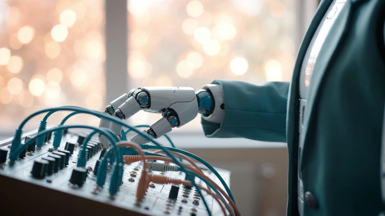 A robotic hand skillfully operates a synthesizer, showcasing the intersection of technology and music in a modern, visually captivating environment.