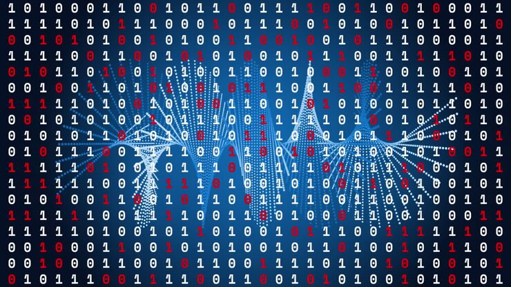 Animation of data processing over shapes on blue background