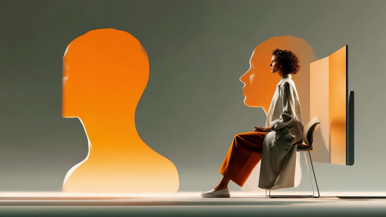 An Artistic Exploration of Identity and Reflection: A Thoughtful Individual Sitting Amidst Translucent Silhouettes, Embodying Contemplation and Self-Discovery in a Minimalist Setting