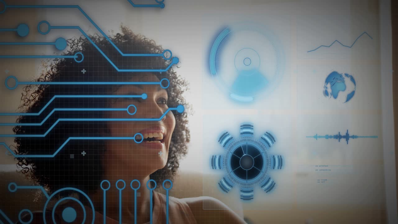 Woman on couch smiling while HUD emerging prompts head turning, showcasing tech dials and waveform