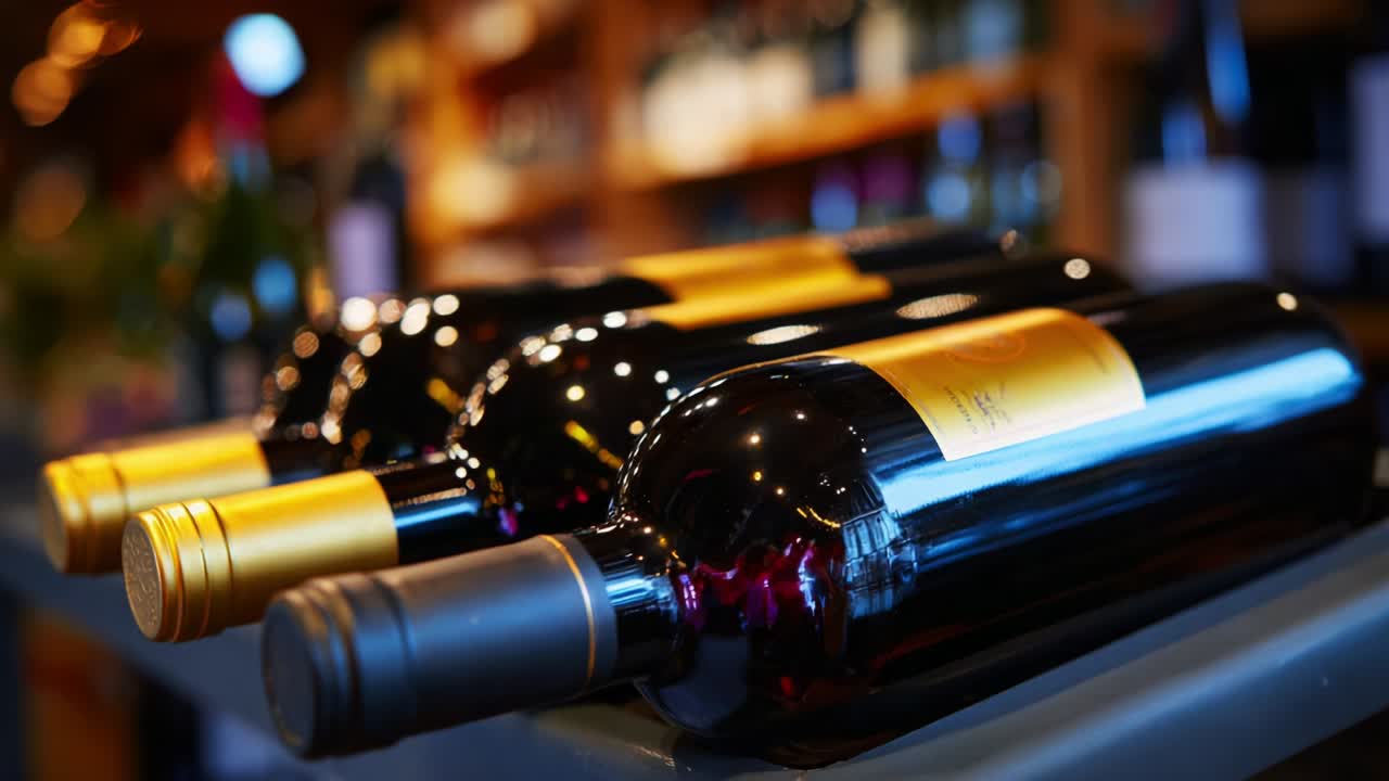 Primo piano di eleganti bottiglie di vino su uno scaffale rustico, che mette in mostra le etichette lucide e il distintivo foglio dorato, perfettamente disposte per un'affascinante esposizione in un'accogliente enoteca