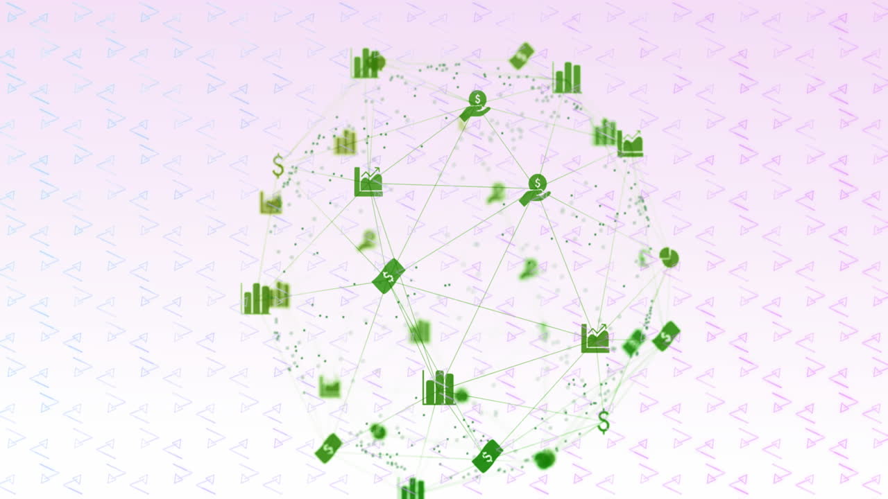 색 배경에 추상적인 모양 패턴 디자인 위에 금융 아이콘의 지구의 애니메이션