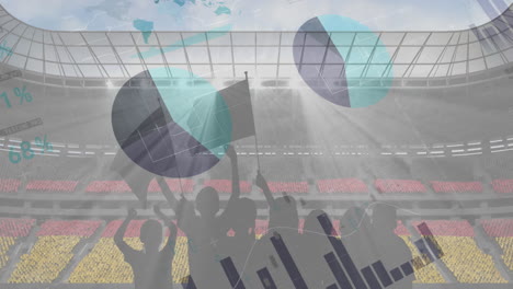 procesamiento de datos estadísticos contra la silueta de los aficionados animando y el estadio deportivo en el fondo