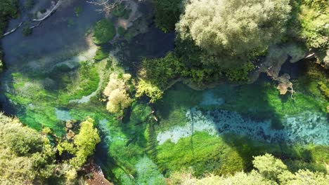 Blue-Eye-Natural-Spring,-Albania---Aerial-Top-Down,-Trucking-Sideways