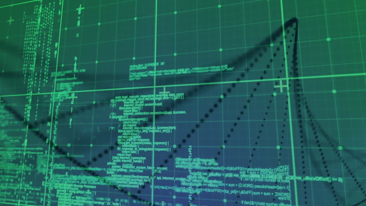 animazione di particelle nere che formano un'elica durante l'elaborazione dei dati sulla griglia verde
