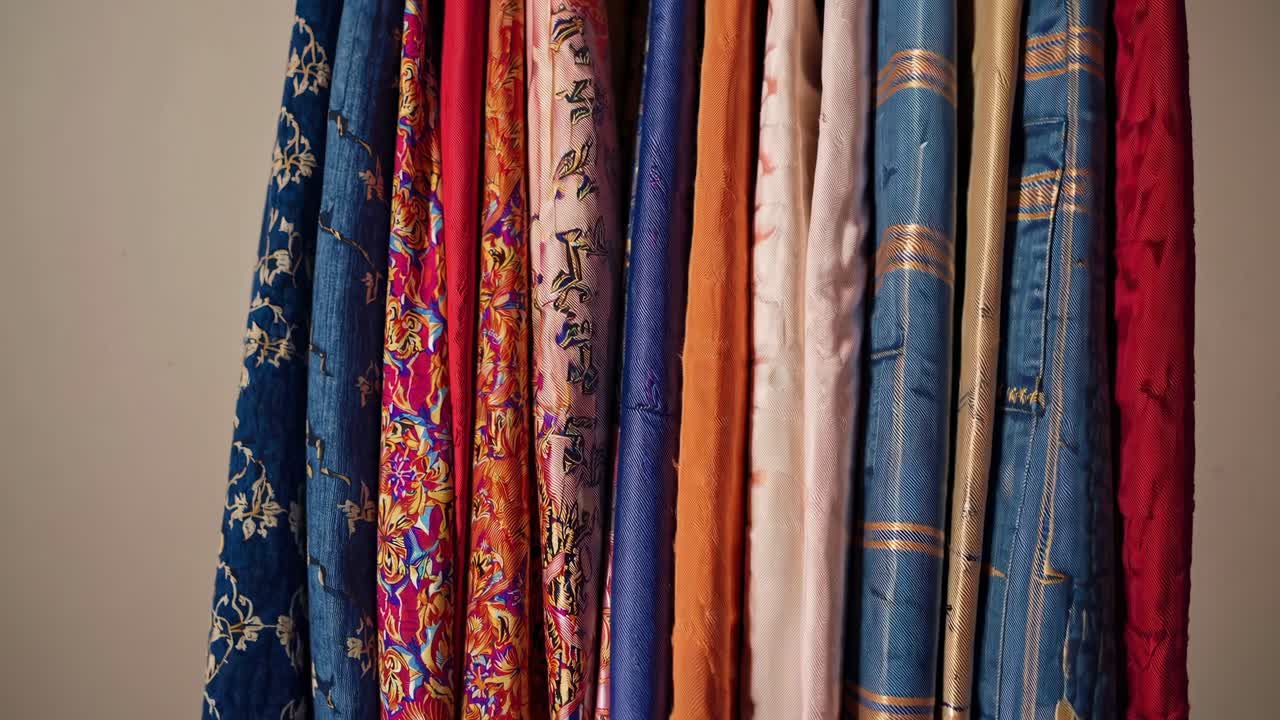 Close-up video of colorful, patterned fabrics hanging vertically, showcasing intricate designs