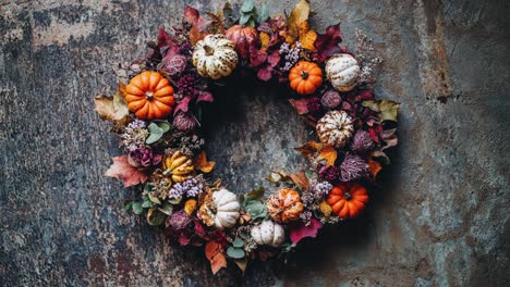 rustic autumn wreath with pumpkins on weathered background