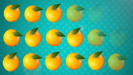 animación de naranjas en filas sobre fondo verde con manchas blancas