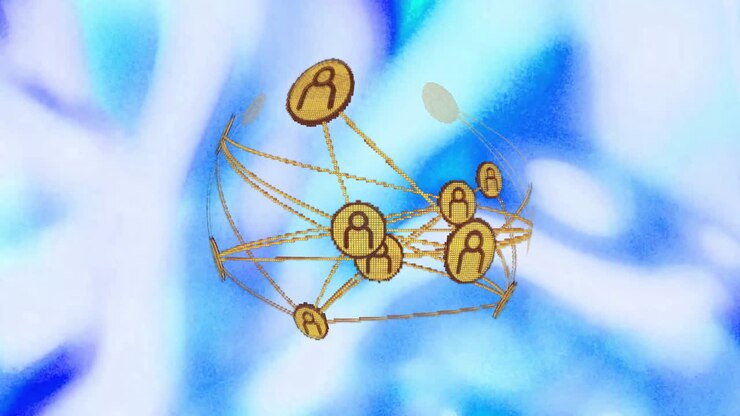 Animation of network of connections with people icons over moving liquid