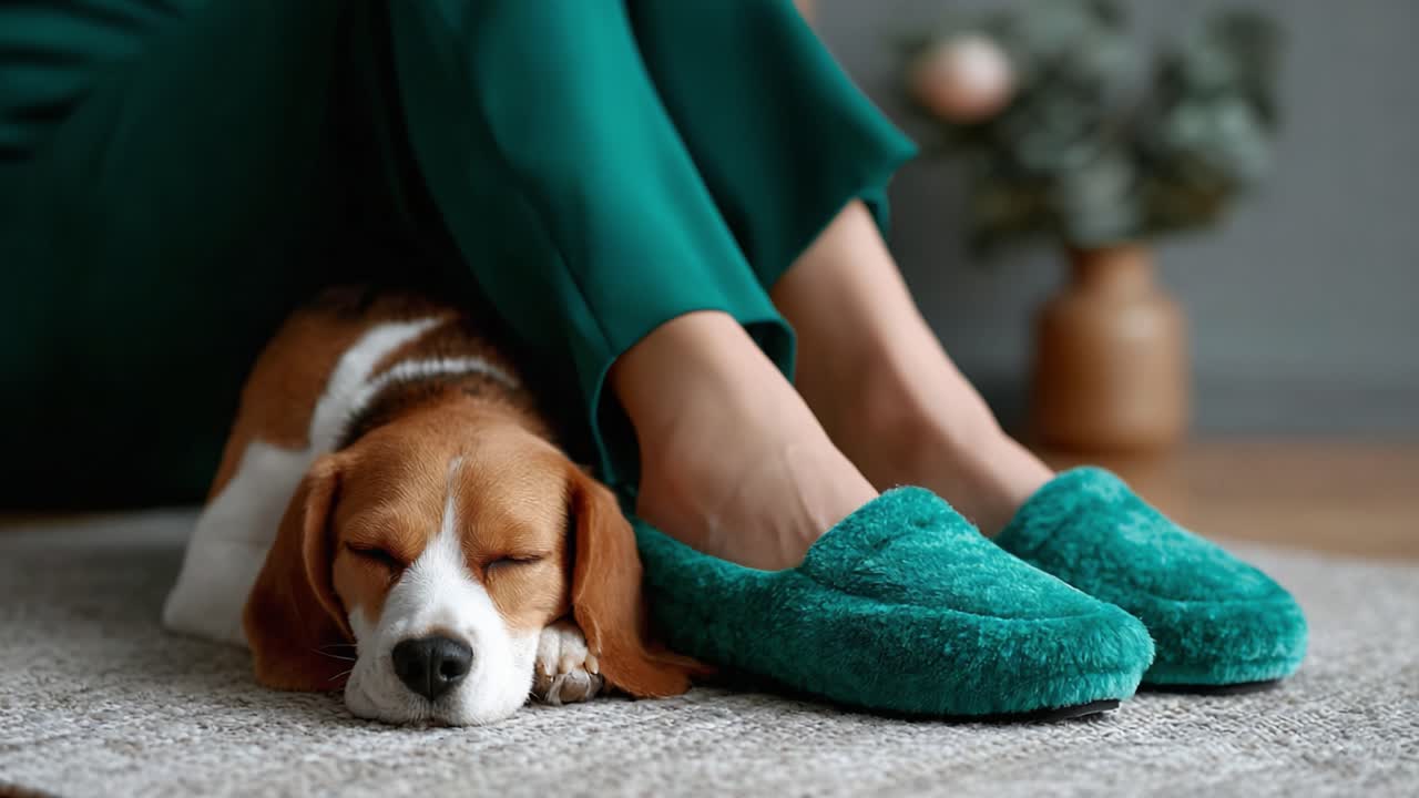 A Cozy Afternoon: A Beagle Dog Resting Comfortably by a Person's Feet in Plush Green Slippers on a Soft Carpet, Emphasizing Relaxation and Comfort in a Homely Setting