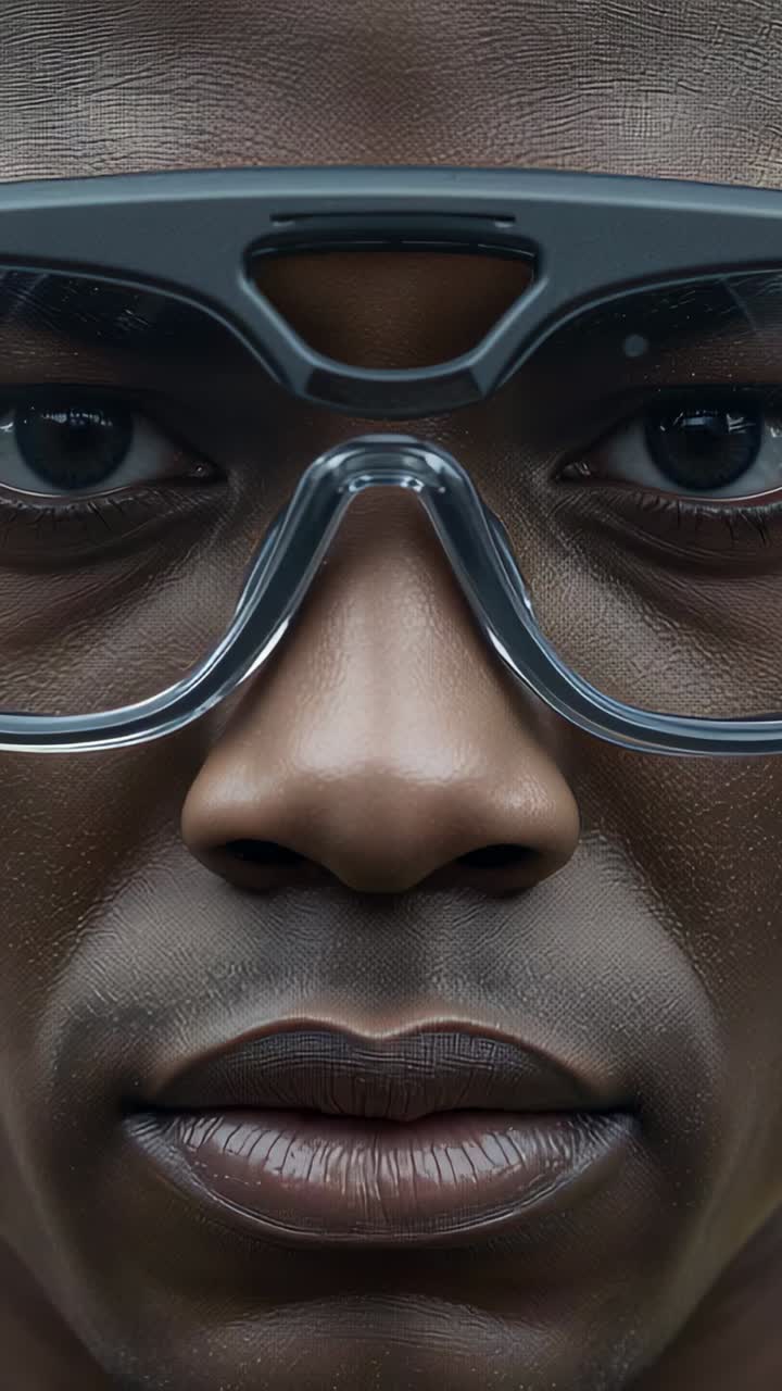 Vertical video: Camera starting adult male holding gaze in studio closeup for portrait with goggles