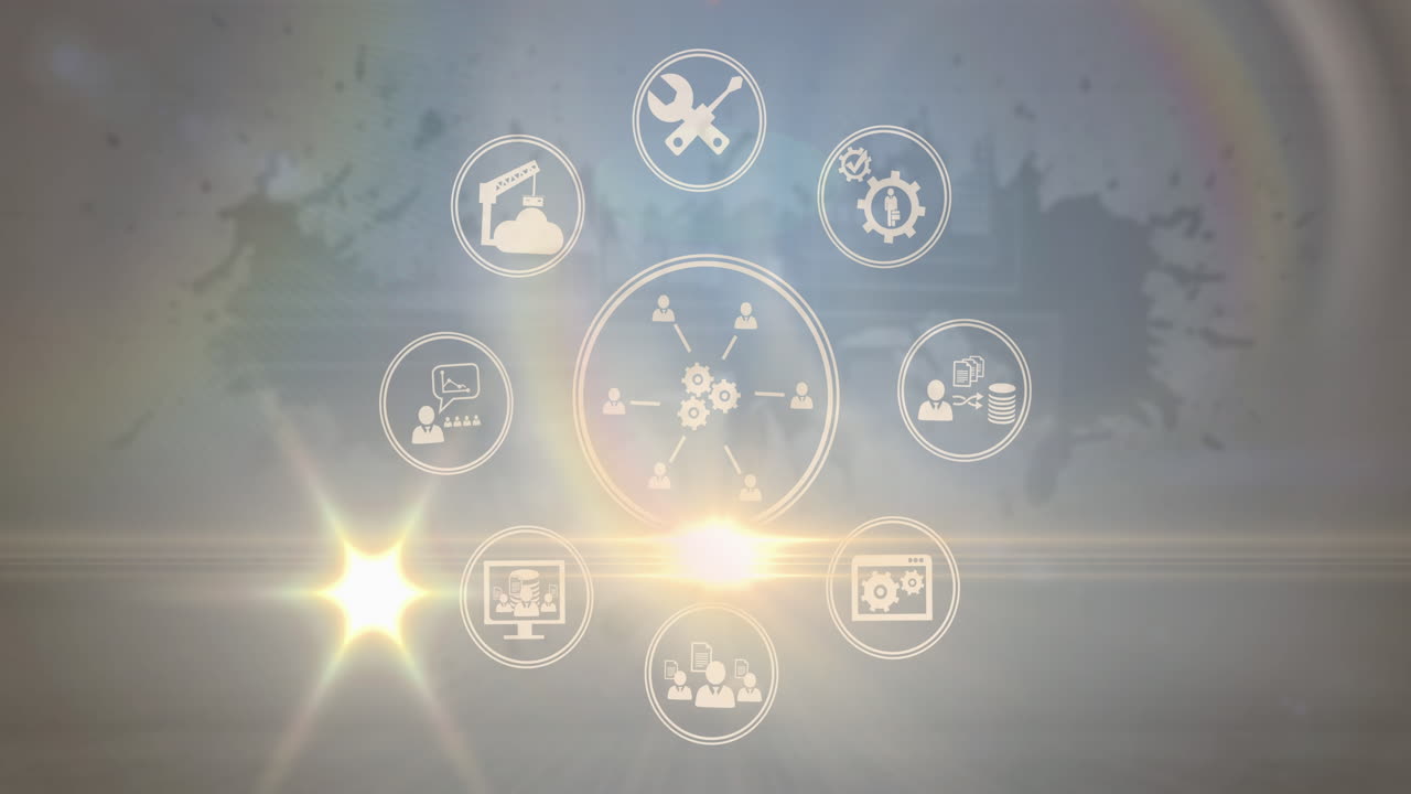 색 배경에 빛의 점과 비즈니스 아이콘의 애니메이션