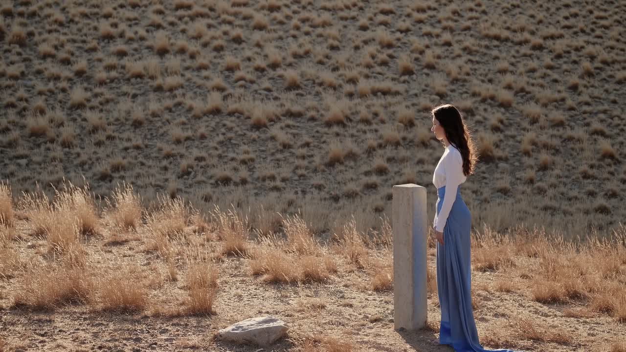 Woman in flowing blue skirt stands contemplatively by a stone pillar in a sunlit field, capturing a serene moment of reflection and connection with nature