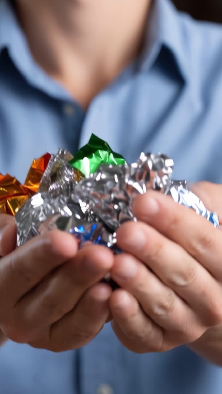 Primo Piano di Mani che Tengono Caramelle Colorate Avvolte in Stagnola di Varie Forme e Dimensioni, che Mostrano gli Involucri Lucidi e Brillanti e le Dolci Tentazioni all'Interno.