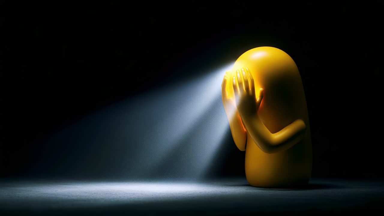 An Emotional Journey: A Bright Yellow Figurine Expressing Feelings of Sadness and Reflection in a Dark, Minimalist Setting, Capturing a Profound Moment of Introspection and Vulnerability